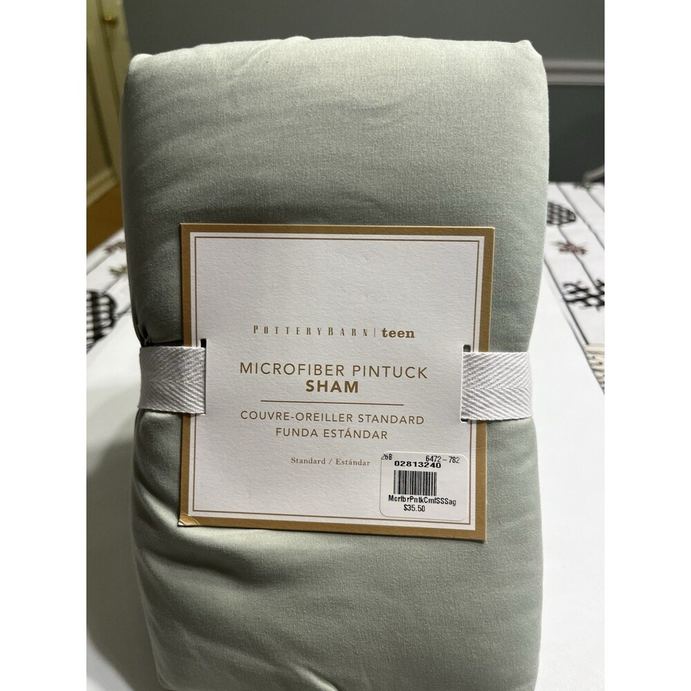 Pair of Pottery Barn Sage Green Microfiber Pintuck Standard Sham
